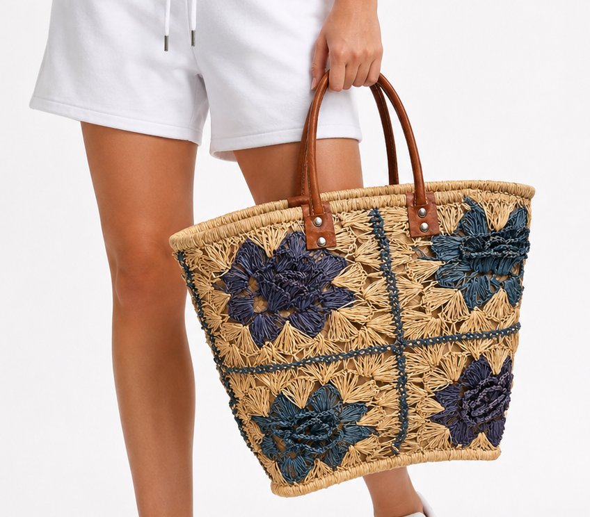 BASIC MEDIUM BAG STRAW BAG BGE&NVY 163 beige&navy